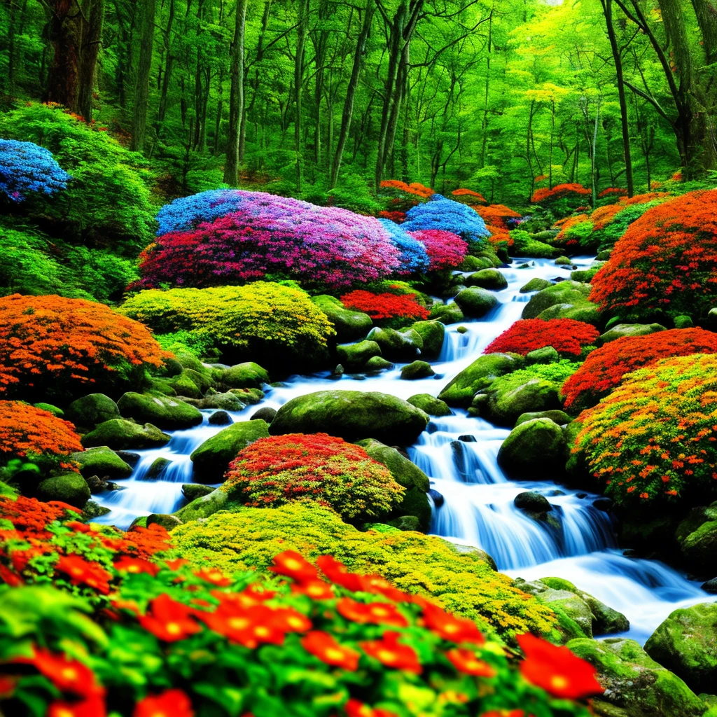 Images colorful forest diverse colors with colorful flowers orange green red blue river butterflies real photo 3d cinema 8k sun well lit vibrant colors shrubs rocks, beautiful trees with a little color