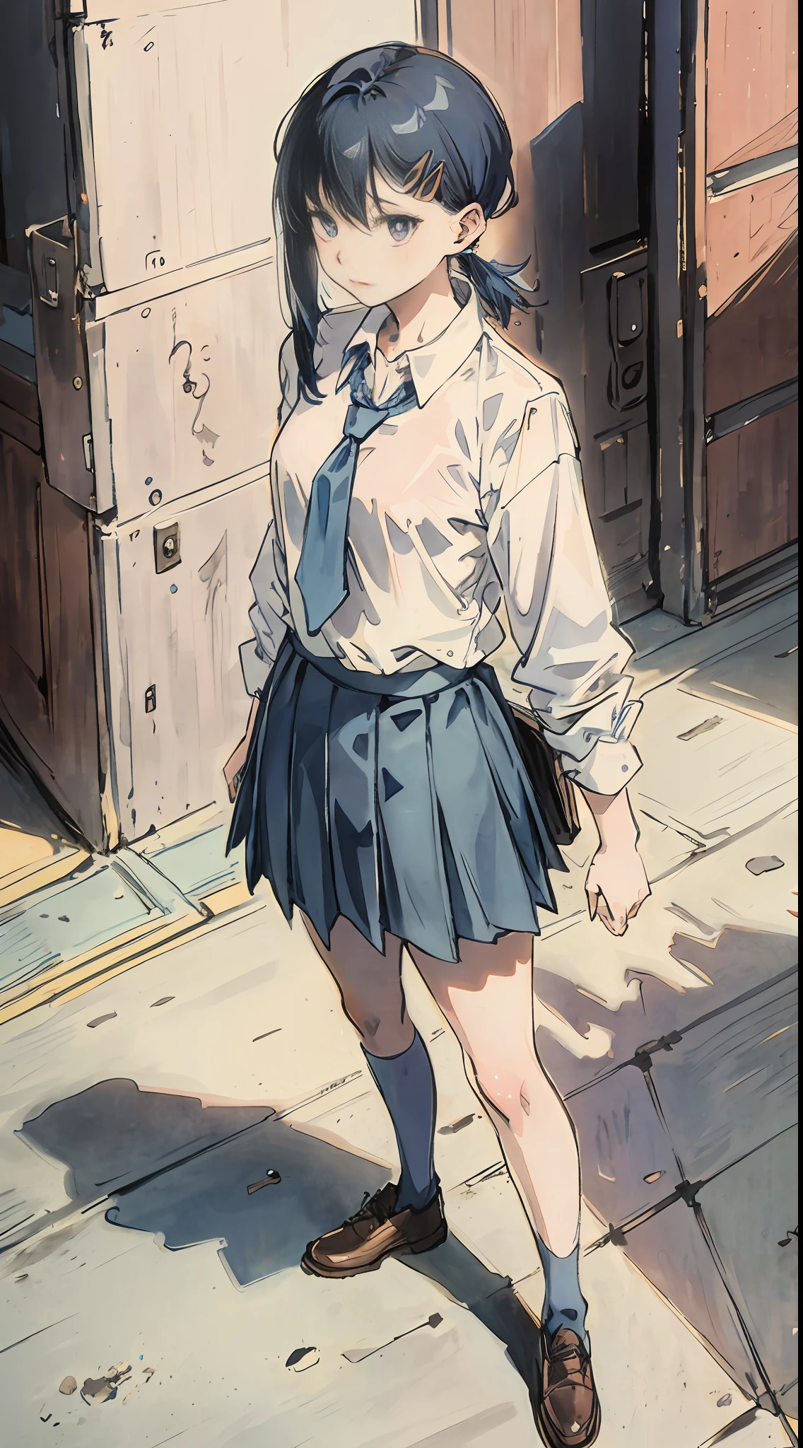 Long blue hair, shirt, short skirt, school, standing