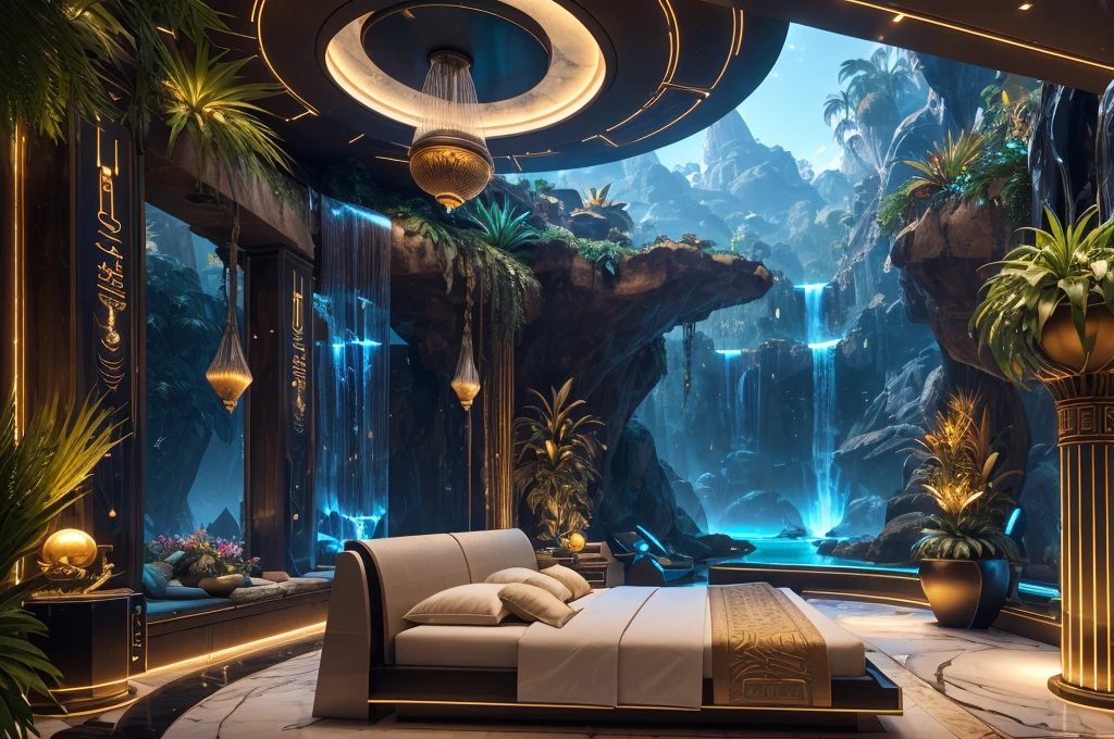 incredible luxurious futuristic bedroom interior in Ancient Egyptian style with many (((lush plants))), ((beautiful flowers)), (lotus flowers), ((palm trees)), rocky walls, ((sand)), ((waterfalls)) (marble), ((precious minerals)), ((metals)), (gemstones), crystals, clouds and ((water)), ((futuristic luxury furniture)), crocodiles, (hieroglyphics), (((ultra luxury))), (black marble) – with ((beautiful lights)), Unreal Engine, HQ, 16k