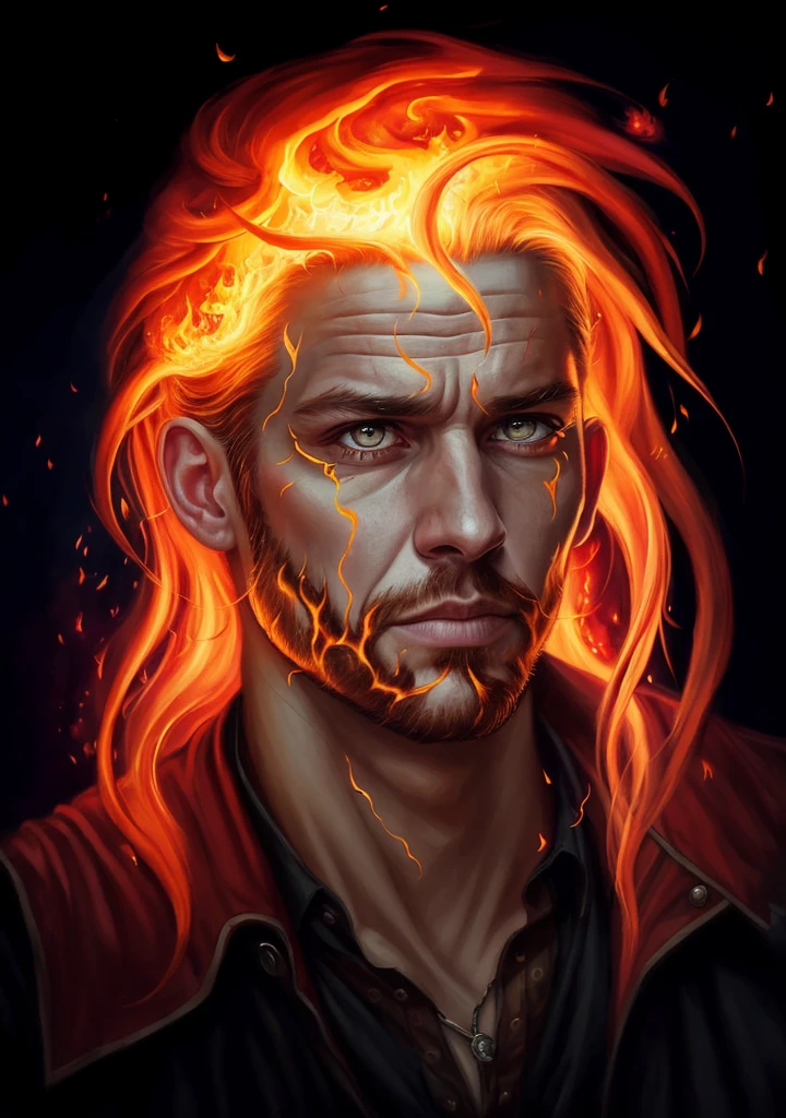 Man of fire, with hair and eyes of fire, a portrait of a fire sorcerer, realistic portrait, fantasy male portrait, ultra-realistic, ultra-detailed