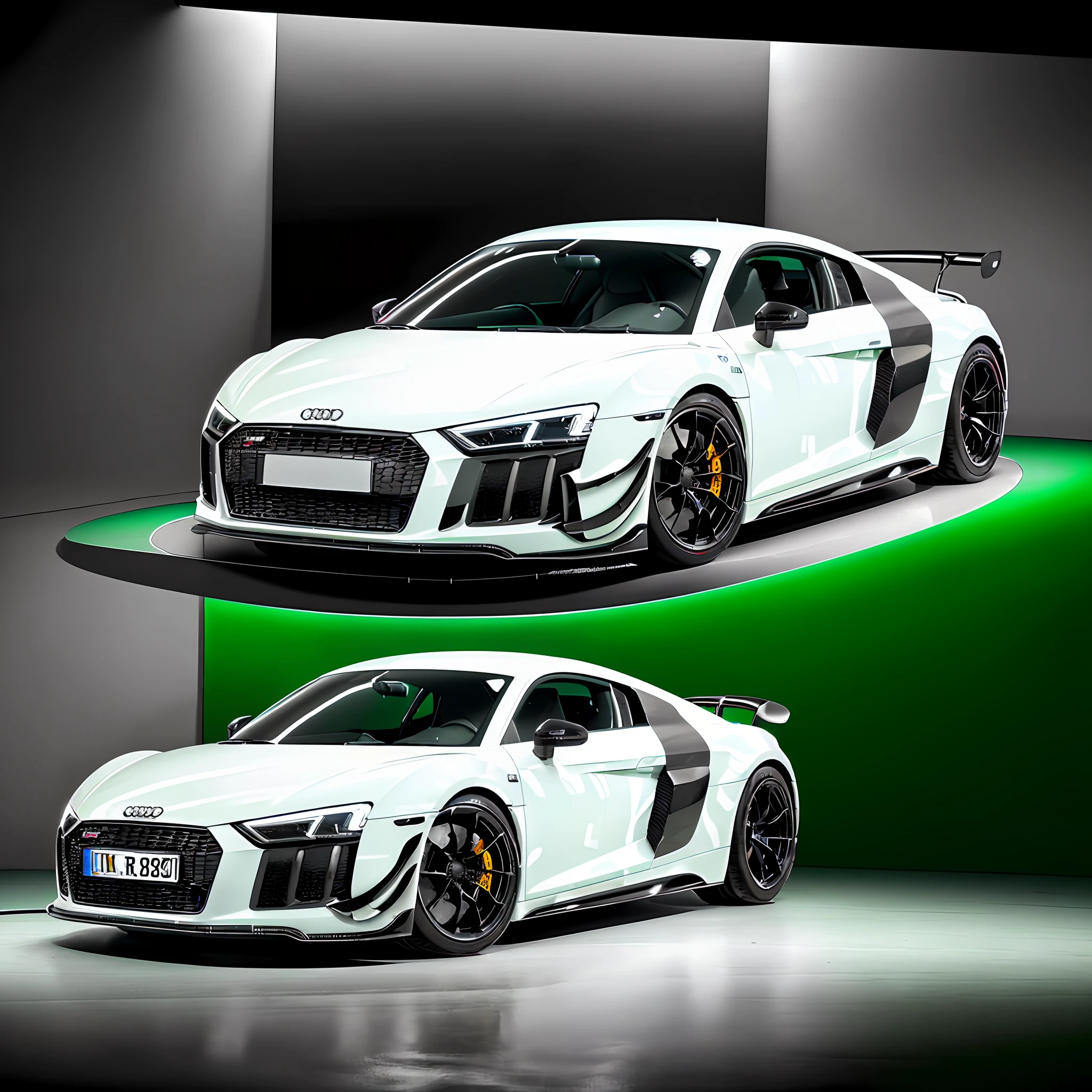 Audi R8 GT3 front ((green plot water with marble effect)) details in black piano, black wheels of 5 points and rim of 22 inches, parked in a photographic studio, with studio lighting, ultra realistic photography full of detail and proportional(( Ultra realistic)) ((realism)) ((quality)) ((full of details)) visual spectacle full HD ((totally symmetrical)) ((fully realistic photography)) (((full car complete)) ((full boby caf)) ((best resolution))