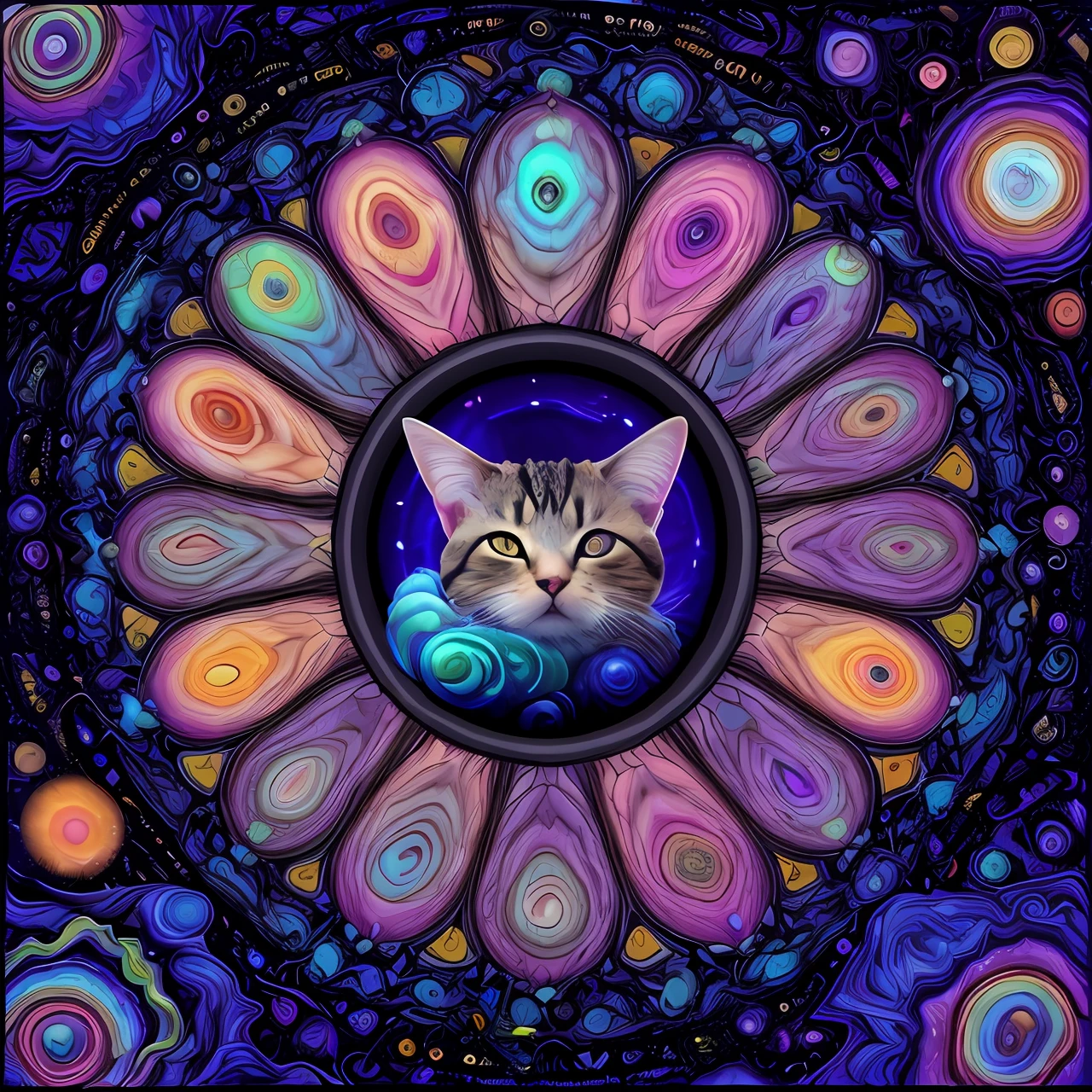 sleepy cat, psychedelic, night palette, anthill, time, space, distorsion,cloudstorm, infinite, E=mc2, ant, geode