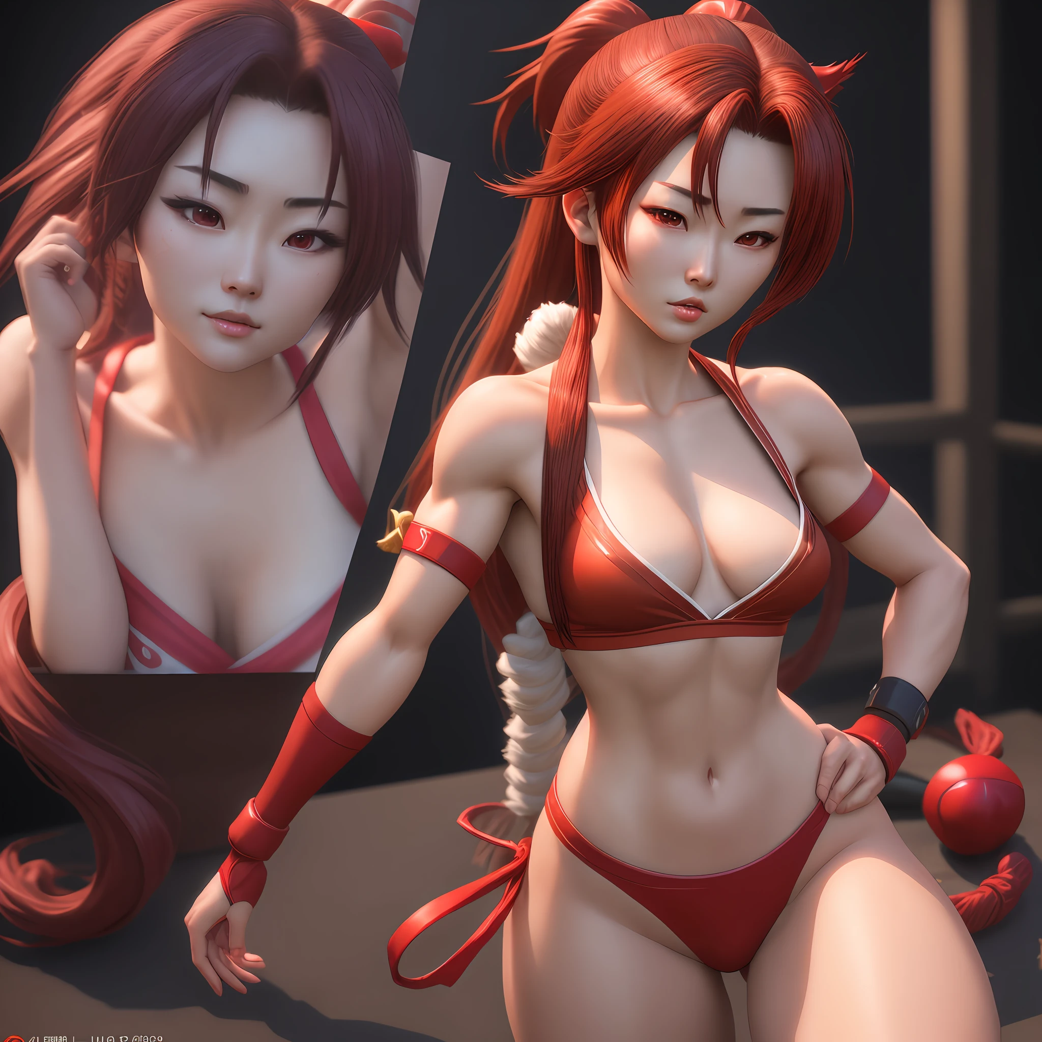 Mai shiranui young, with Cho Yi-hyun's face, high definition, realistic pellet, studio lighting, perfect body, small breasts, 4k, alone, perfect, masterpiece, 3D