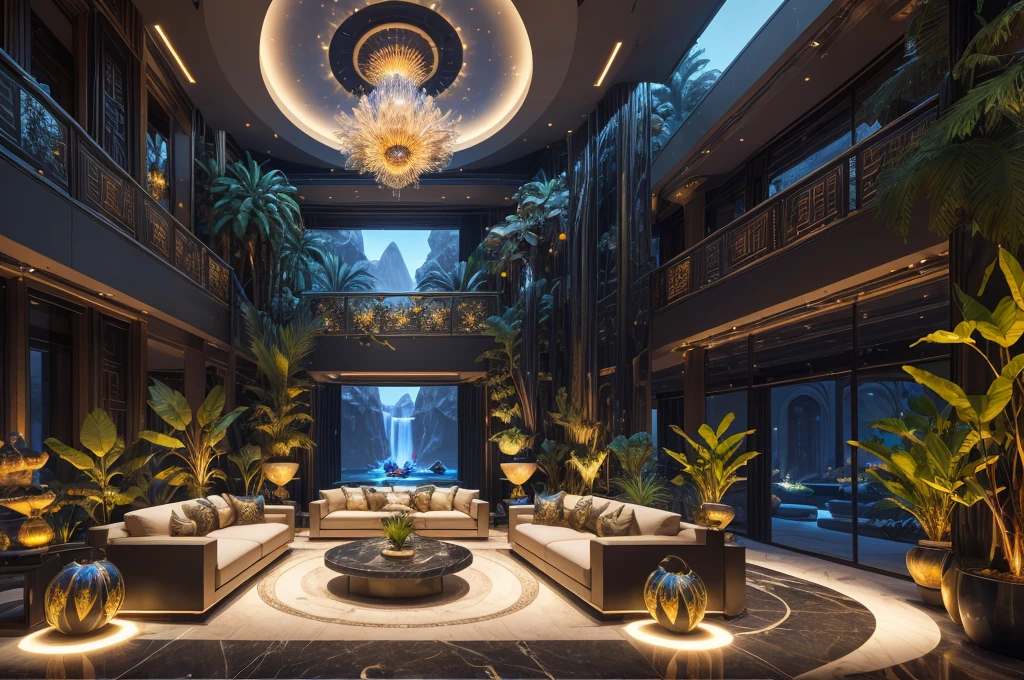 incredible luxurious futuristic living room interior in Ancient Egyptian style with many (((lush plants))), ((beautiful flowers)), (lotus flowers), ((palm trees)), rocky walls, ((sand)), ((waterfalls)) (marble), ((precious minerals)), ((metals)), (gemstones), crystals, clouds and ((water)), curvy futuristic furniture, crocodiles, (hieroglyphics), (((ultra luxury))), (black marble) – with ((beautiful lights)), Unreal Engine, HQ, 16k