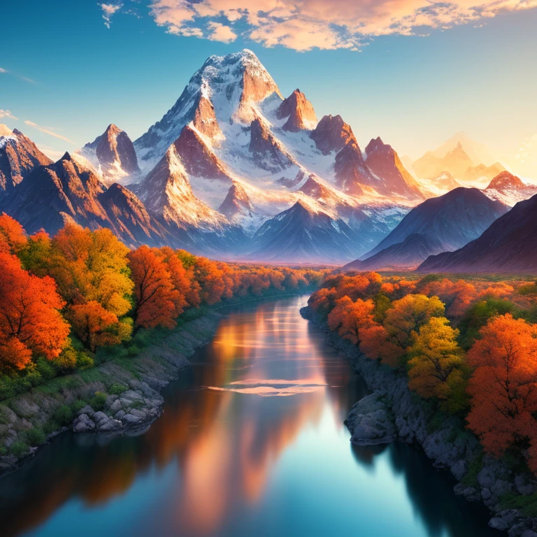 a river with a mountain in the background, a matte painting by Torii Kiyomitsu, shutterstock contest winner, color field, terragen, photo taken with ektachrome, vivid colors