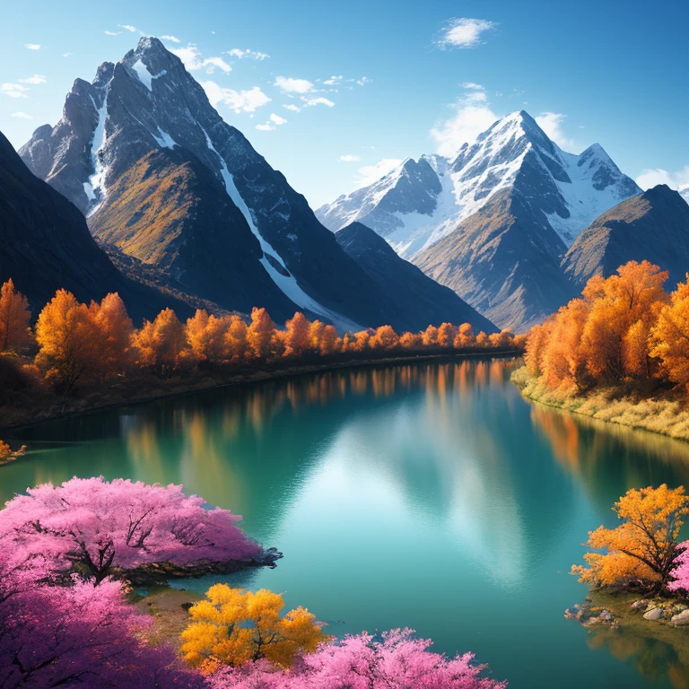 a river with a mountain in the background, a matte painting by Torii Kiyomitsu, shutterstock contest winner, color field, terragen, photo taken with ektachrome, vivid colors