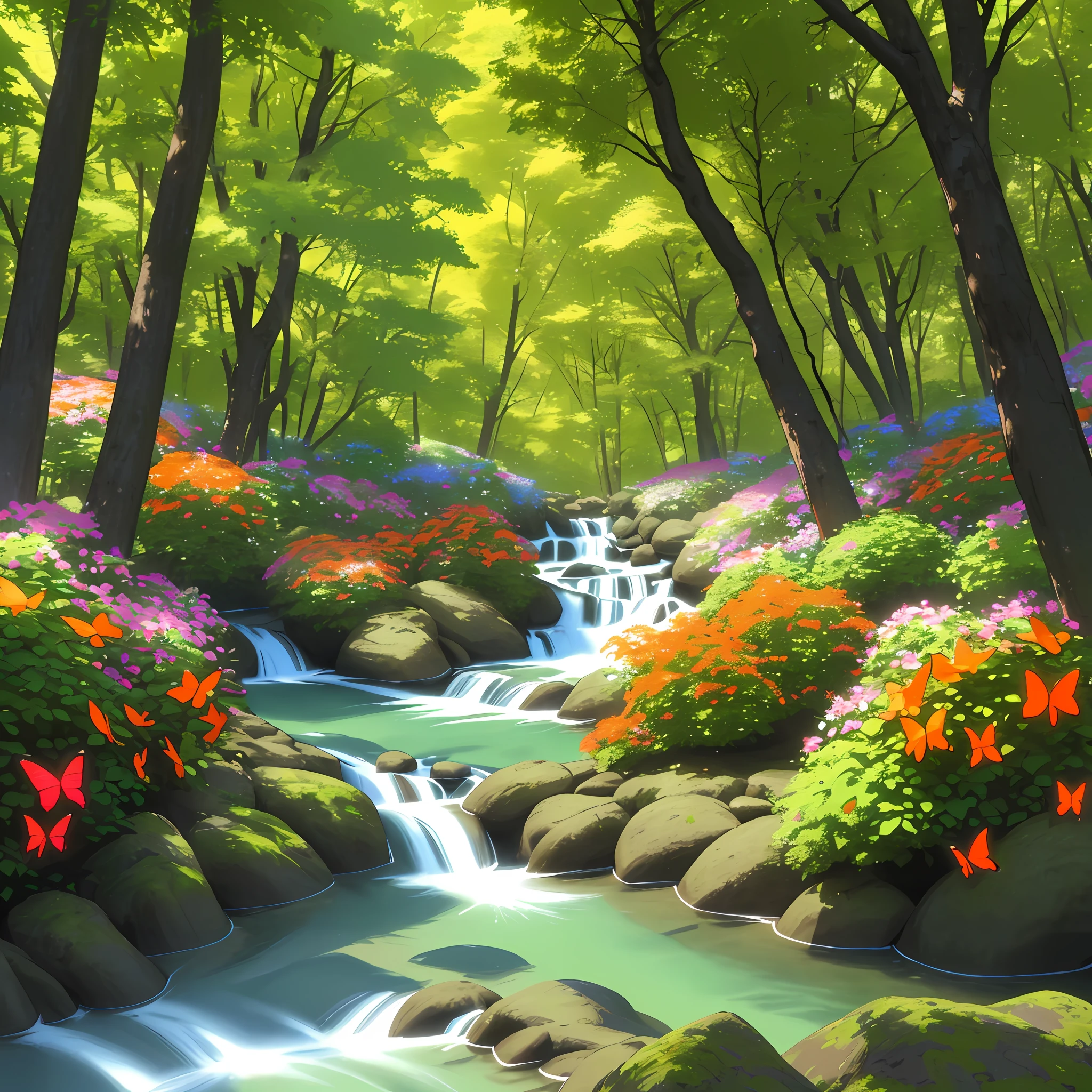 Images colorful forest diverse colors with colorful flowers orange green red blue river butterflies real photo 3d cinema 8k sun well lit vibrant colors shrubs rocks, amazing trees with some colors, low trees, cinema
