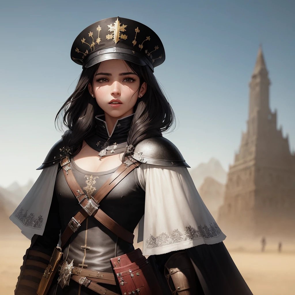 There is a woman in a military uniform standing in the desert, portrait of female Paladin, artwork in the style of rembrandt, female knight portrait, Alexandra Fomina Artstation, portrait of a female magician, stunning character art, fantasy concept art portrait, 2. 5 D CGI anime fantasy art, gorgeous female paladin, epic exquisite character art
