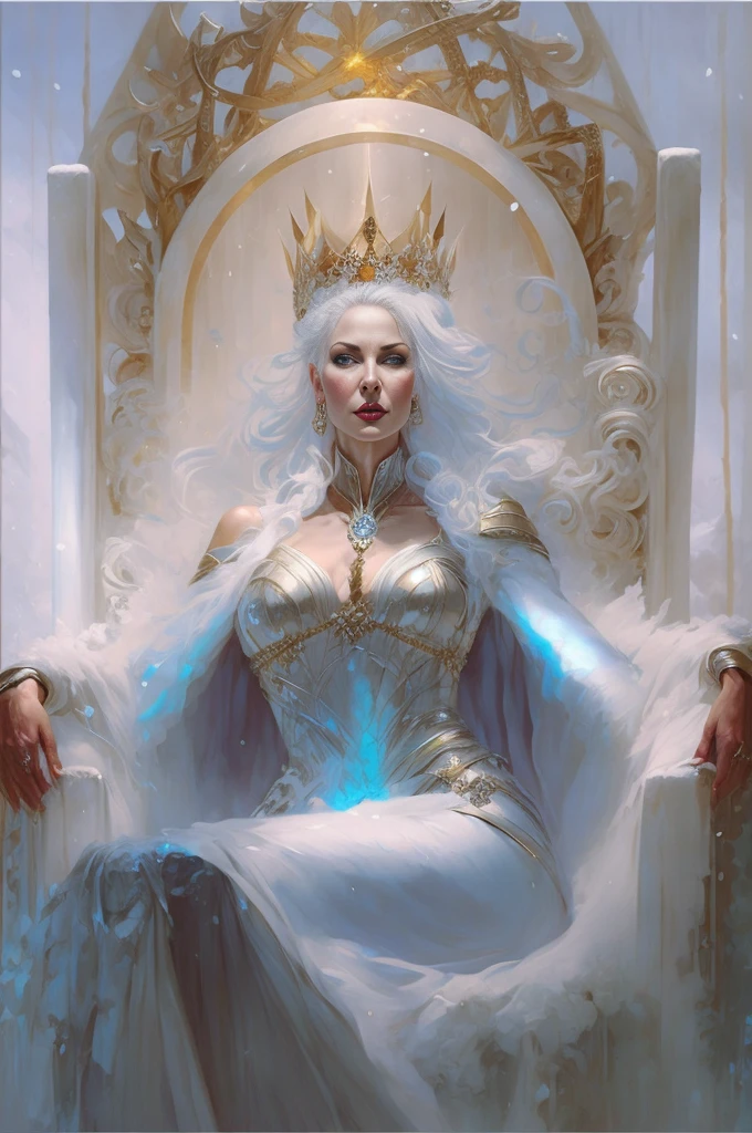 a painting of a woman sitting in a throne with a crown on her head, portrait of queen of light, queen of ice and storm, queen of winter, goddess of winter, karol bak and peter mohrbacher, peter mohrbacher donato giancola, white witch, tyler edlin fantasy art, artgerm julie bell beeple