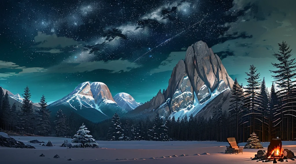 dense forest with mountains in the background, picture center with campfire, ambient lighting, dynamic lights, cozy weather, cozy, night weather, starry sky, moonlight, moonlight, anime style, anime, Ghibli-like colours, HD, high quality, high details, masterpiece