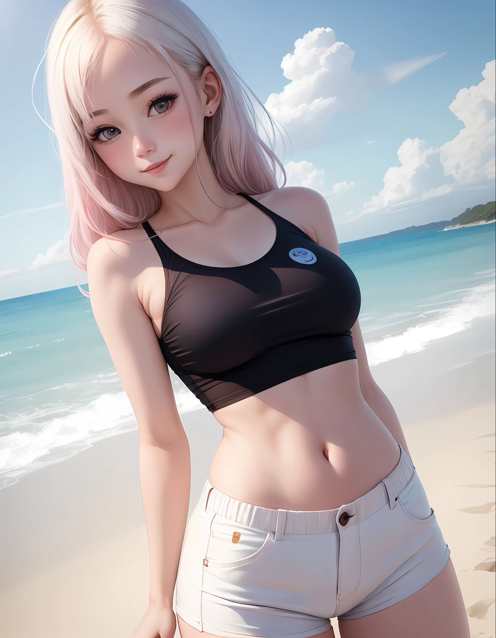 High detailed, masterpiece, pretty female, white skin, Crop T-shirt, shy, short pants, beach background, little smile, blushing
