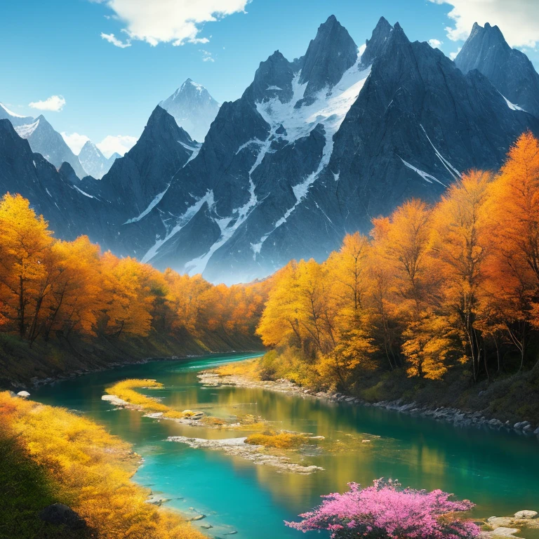 a river with a mountain in the background, a matte painting by Torii Kiyomitsu, shutterstock contest winner, color field, terragen, photo taken with ektachrome, vivid colors
