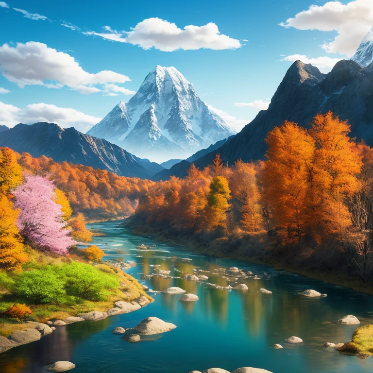 a river with a mountain in the background, a matte painting by Torii Kiyomitsu, shutterstock contest winner, color field, terragen, photo taken with ektachrome, vivid colors