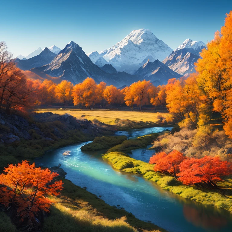 a river with a mountain in the background, a matte painting by Torii Kiyomitsu, shutterstock contest winner, color field, terragen, photo taken with ektachrome, vivid colors