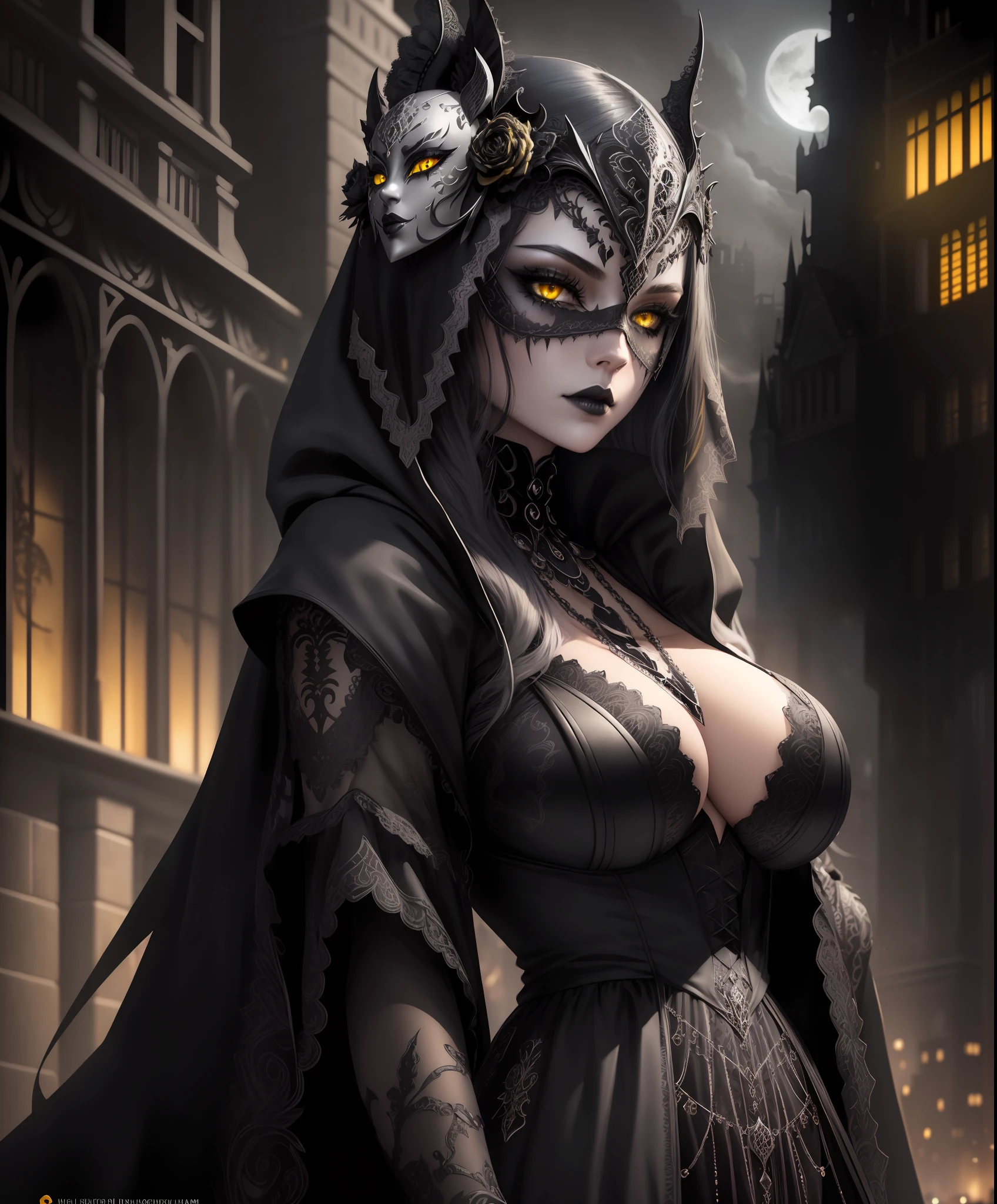 Gothic, dark, mysterious, woman, mask, black and silver, intricate design, sexy woman, yellow eyes, night city in the background