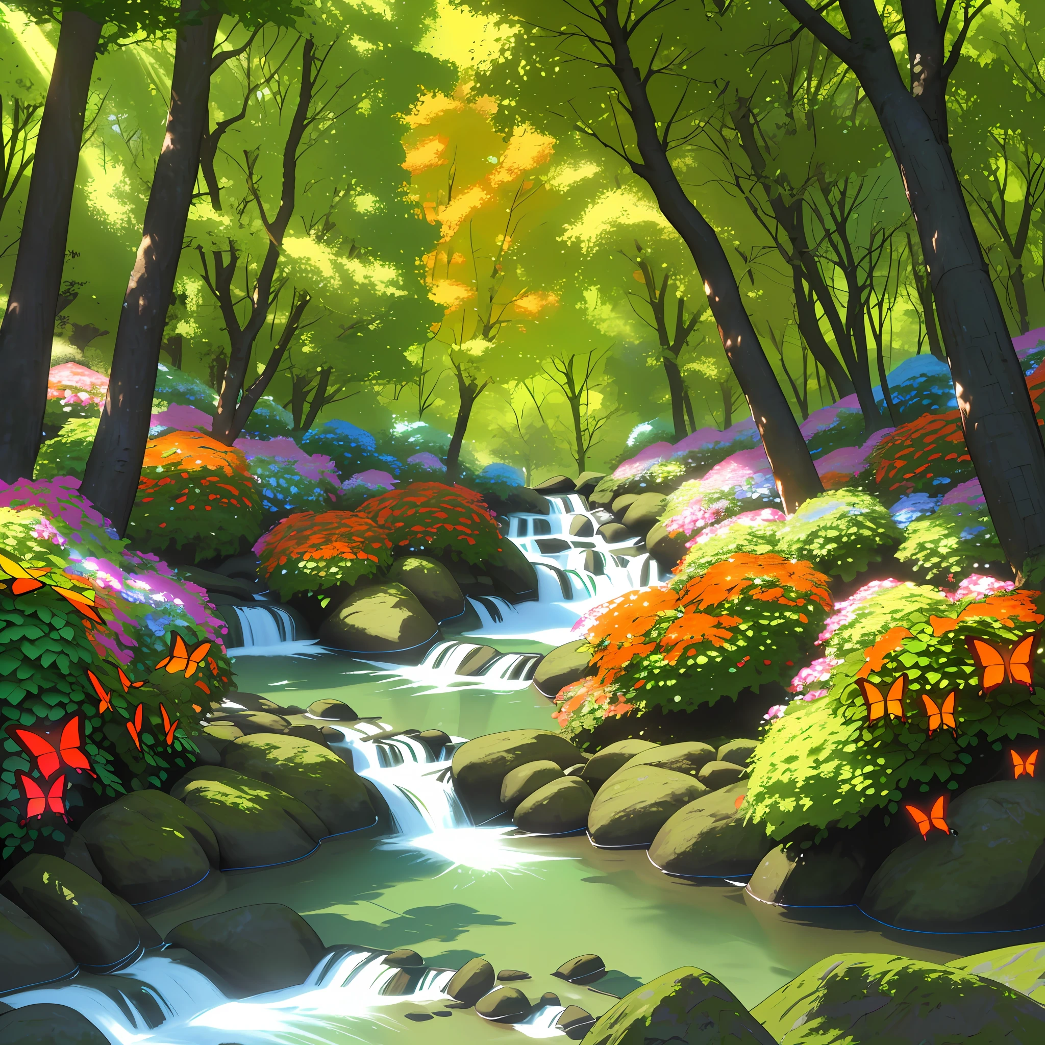 Images colorful forest diverse colors with colorful flowers orange green red blue river butterflies real photo 3d cinema 8k sun well lit vibrant colors shrubs rocks, amazing trees with some colors, low trees, cinema
