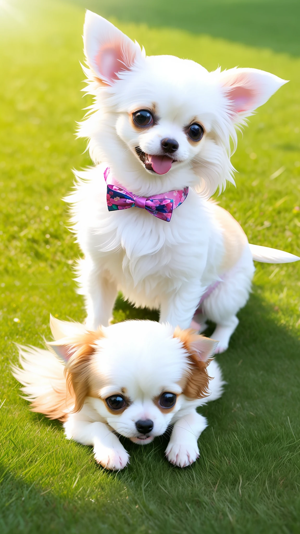 ((Cute little dog long coat chihuahua lying on the lawn with multiple furs fluffy)), big eyes, 8k, delicate, clear, (((((real)))), sticking out tongue, (cute)))), (small)))), professional photographer, professional photography, (hair is fluffy))), sunlight, light leak, photo-like reality, ribbons, scrunchies, lawns, ruffled clothes , Sunny bokko, fashionable, flower garden