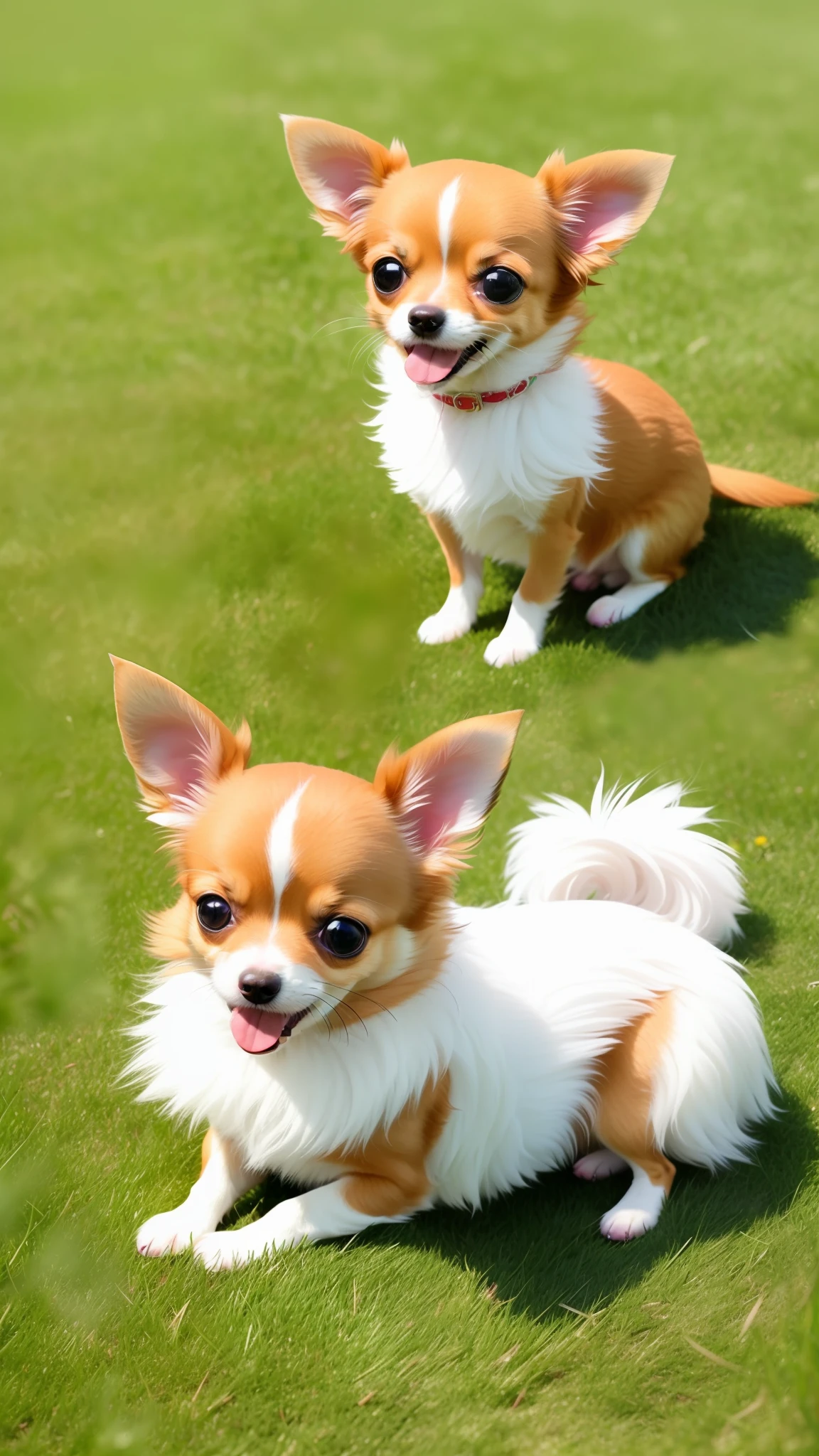 ((Cute little dog long coat chihuahua lying on the lawn with multiple furs fluffy)), big eyes, 8k, delicate, clear, (((((real)))), sticking out tongue, (cute)))), (small)))), professional photographer, professional photography, (hair is fluffy))), sunlight, light leak, photo-like reality, ribbons, scrunchies, lawns, ruffled clothes , Sunny bokko, fashionable, flower garden