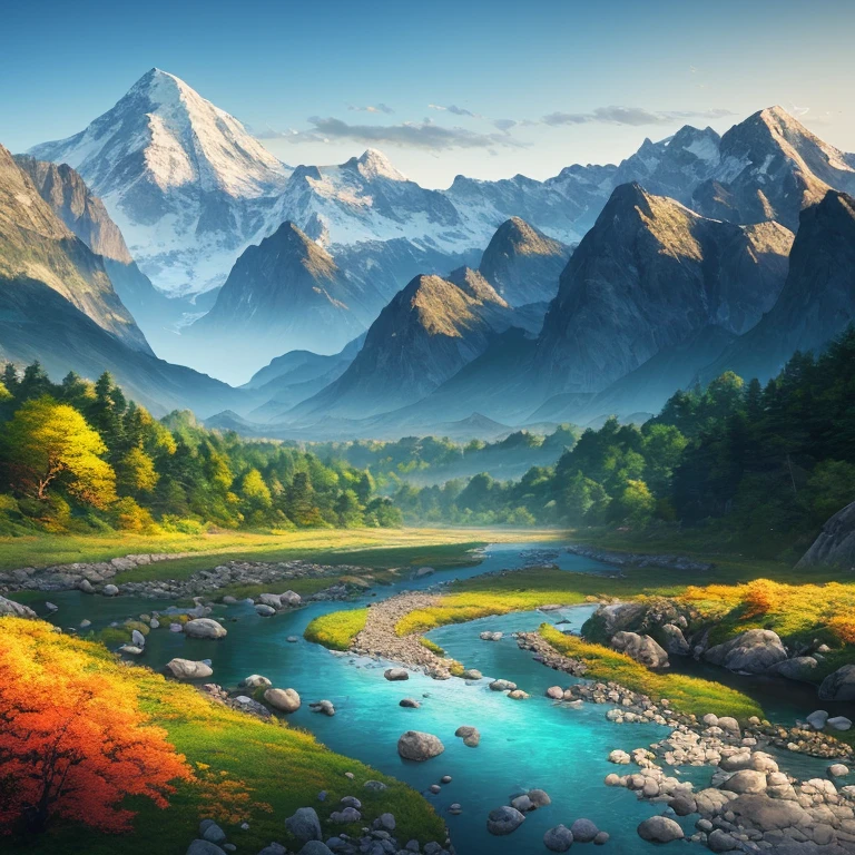 a river with a mountain in the background, a matte painting by Torii Kiyomitsu, shutterstock contest winner, color field, terragen, photo taken with ektachrome, vivid colors