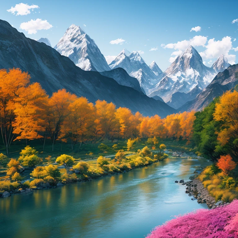 a river with a mountain in the background, a matte painting by Torii Kiyomitsu, shutterstock contest winner, color field, terragen, photo taken with ektachrome, vivid colors