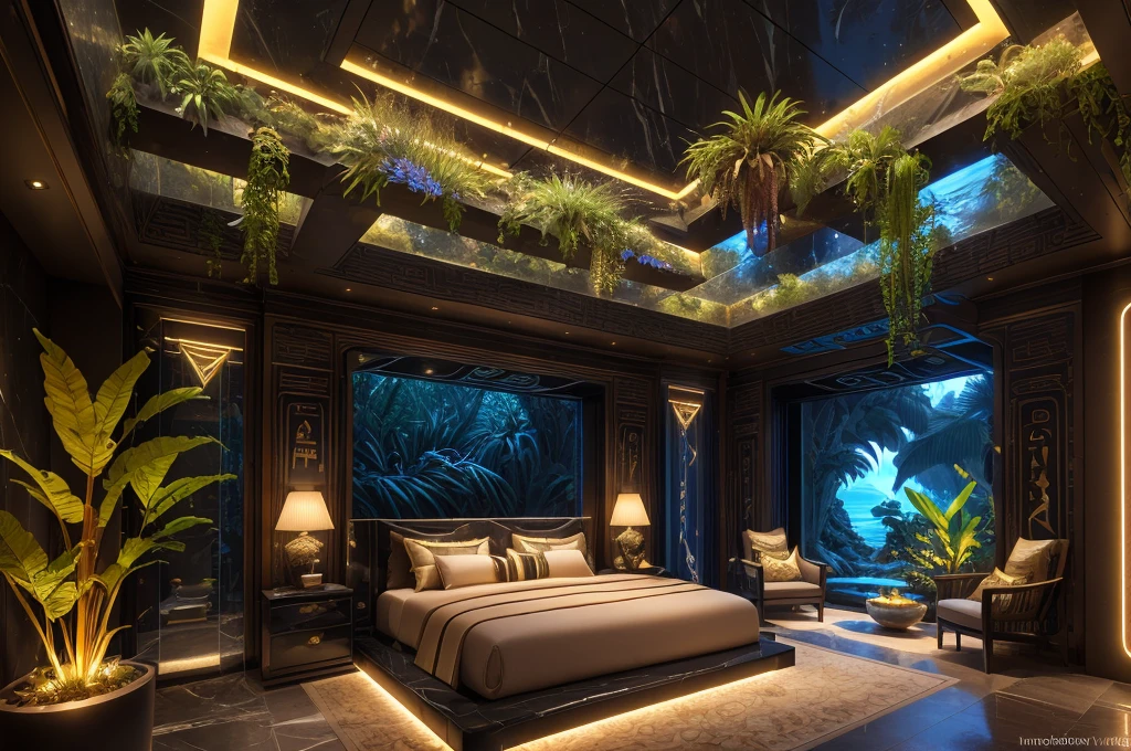 incredible luxurious futuristic bedroom interior in Ancient Egyptian style with many (((lush plants))), ((beautiful flowers)), (lotus flowers), ((palm trees)), rocky walls, ((sand)), ((waterfalls)) (marble), ((precious minerals)), ((metals)), (gemstones), crystals, clouds and ((water)), curvy futuristic furniture, crocodiles, (hieroglyphics), (((ultra luxury))), (black marble) – with ((beautiful lights)), Unreal Engine, HQ, 16k