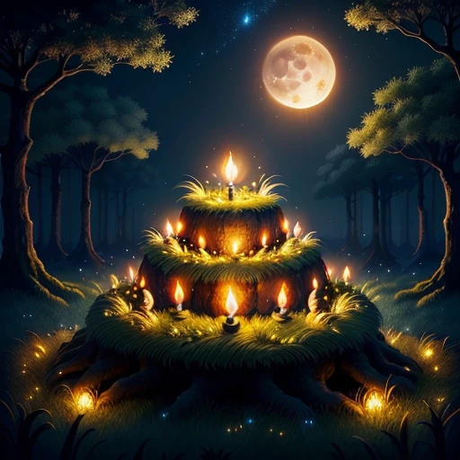 grassy anthill with lighted candles on top, forest, fireflies, ants, moon, midnight sky