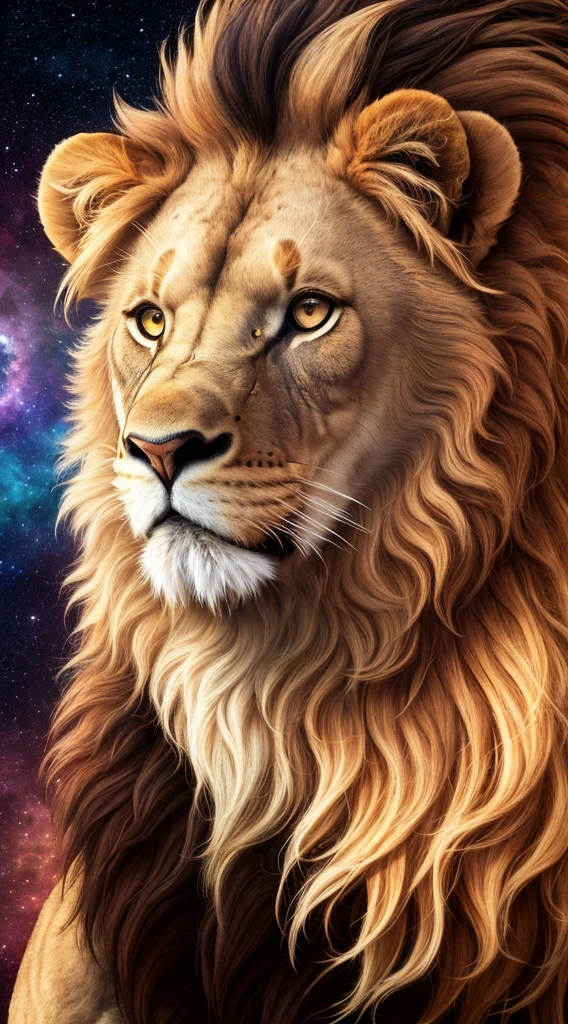 Lion with important expression, detailed Colorful background nebula, James Webb, magic, dramatic light, 8k, photorealistic, complex details, ultra realistic, photo taken from afar