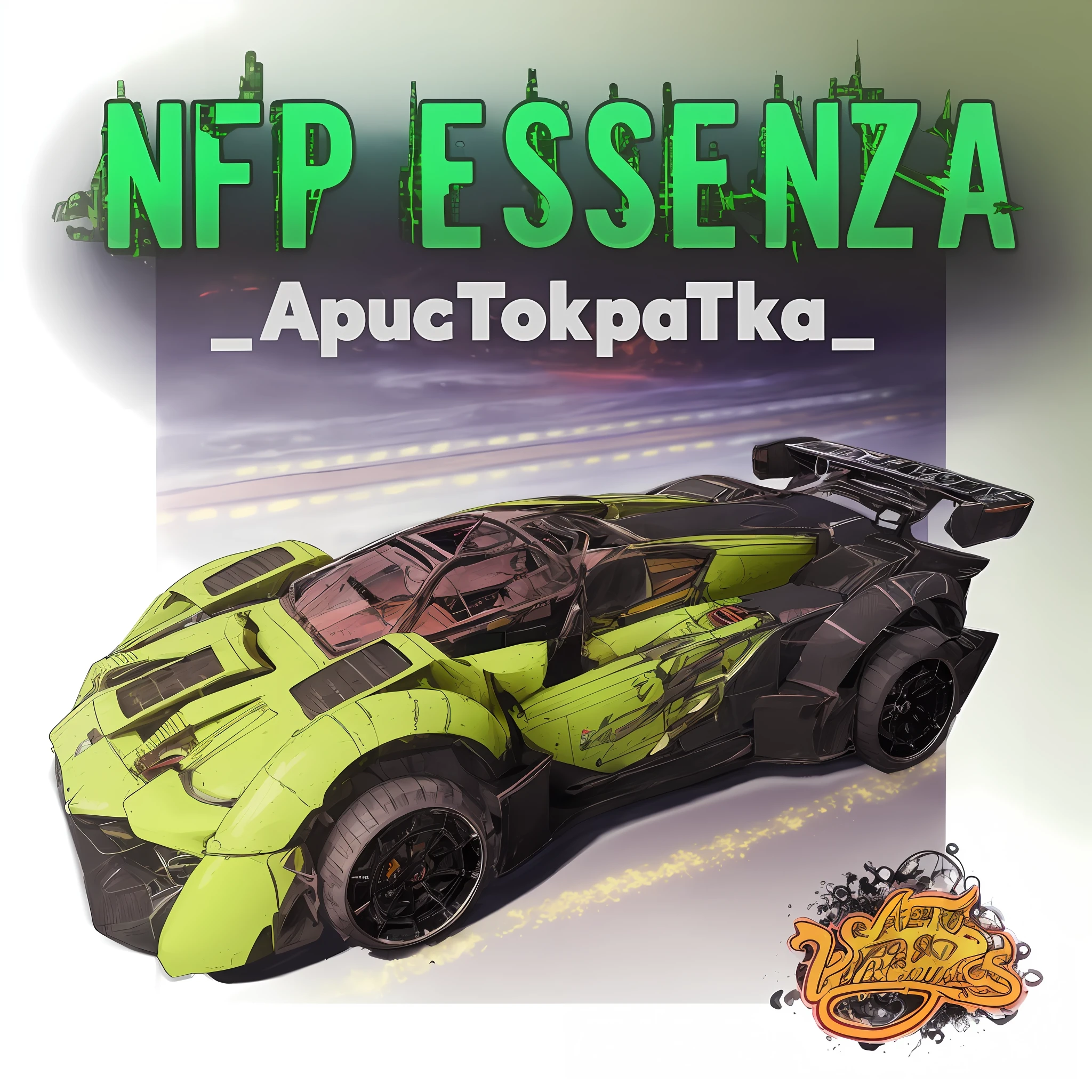 Front view 3/4 ((sports car)) (with glowing tires), neon glow, cyberpunk racing, lightning storm in the background, black and ((green)), in cyberpunk city, ((cool))
