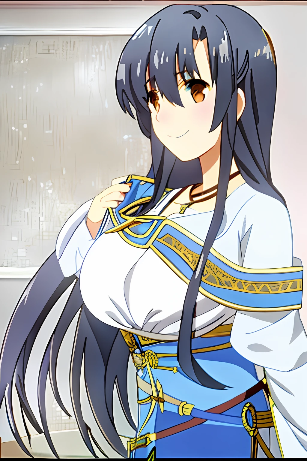 Kaori, brown eyes, closed smile, large breasts, white clothes with blue plates and gold details