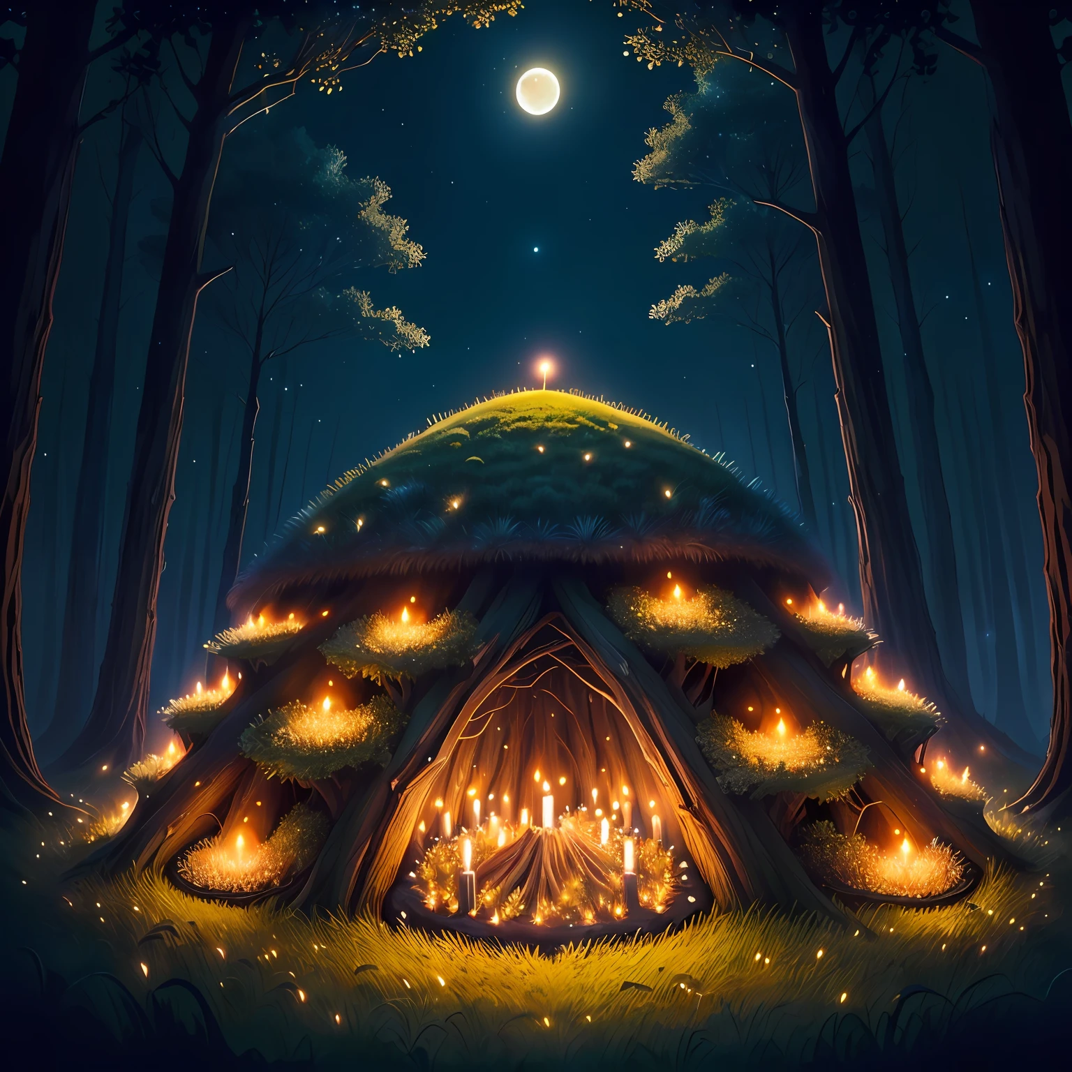 grassy anthill with lighted candles on top, forest, fireflies, ants, moon, midnight sky