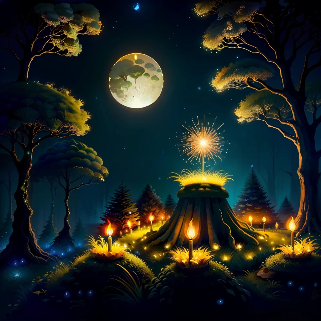 grassy anthill with lighted candles on top, forest, fireflies, ants, moon, midnight sky