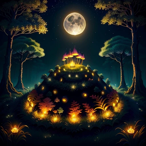 grassy anthill with lighted candles on top, forest, fireflies, ants, moon, midnight sky