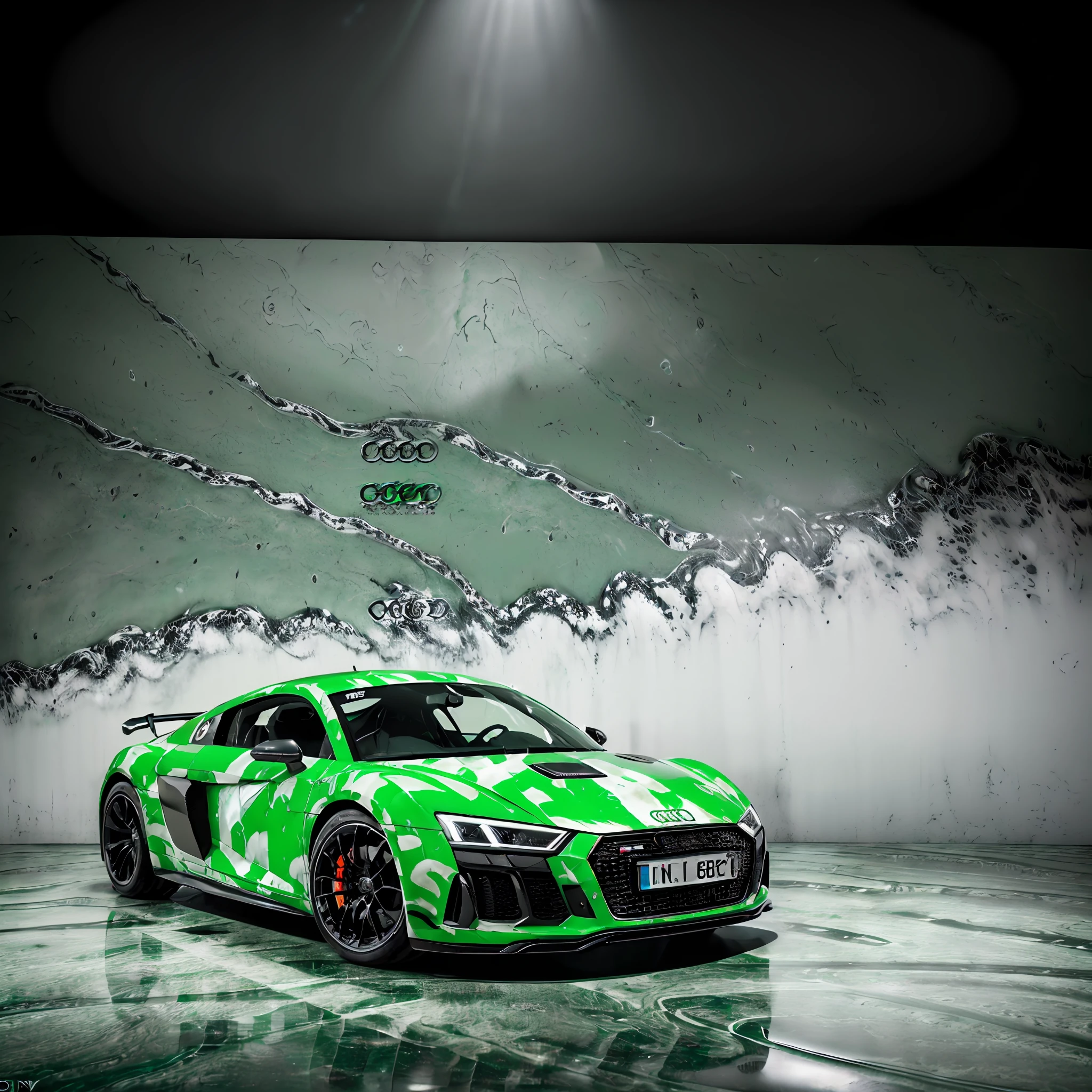 Audi R8 GT3 front ((green plot water with marble effect)) details in black piano, black wheels of 5 points and rim of 22 inches, parked in a photographic studio, with studio lighting, ultra realistic photography full of detail and proportional(( Ultra realistic)) ((realism)) ((quality)) ((full of details)) visual spectacle full HD ((totally symmetrical)) ((fully realistic photography)) (((full car complete)) ((full boby caf)) ((best resolution))