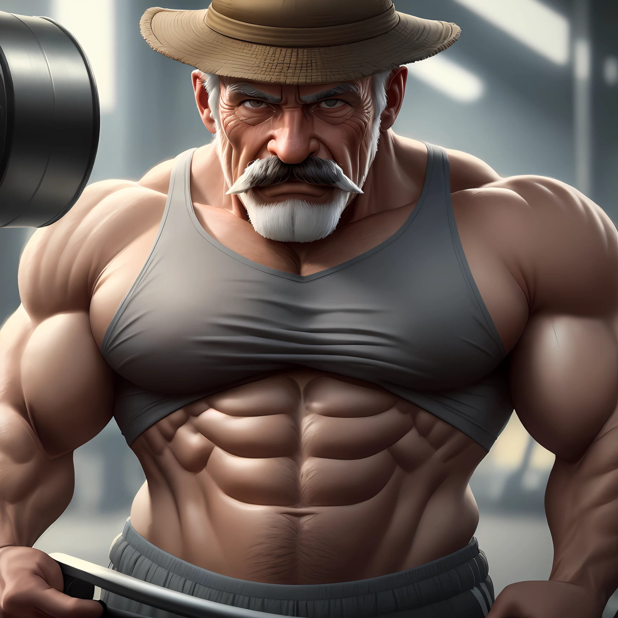 bodybuilder old man with a mustache , Bucket Hat, in the background a gym, photography,soft lighting, soft details, octane, artstation trending, ultra high detail, ultra realistic, cinematic,16k