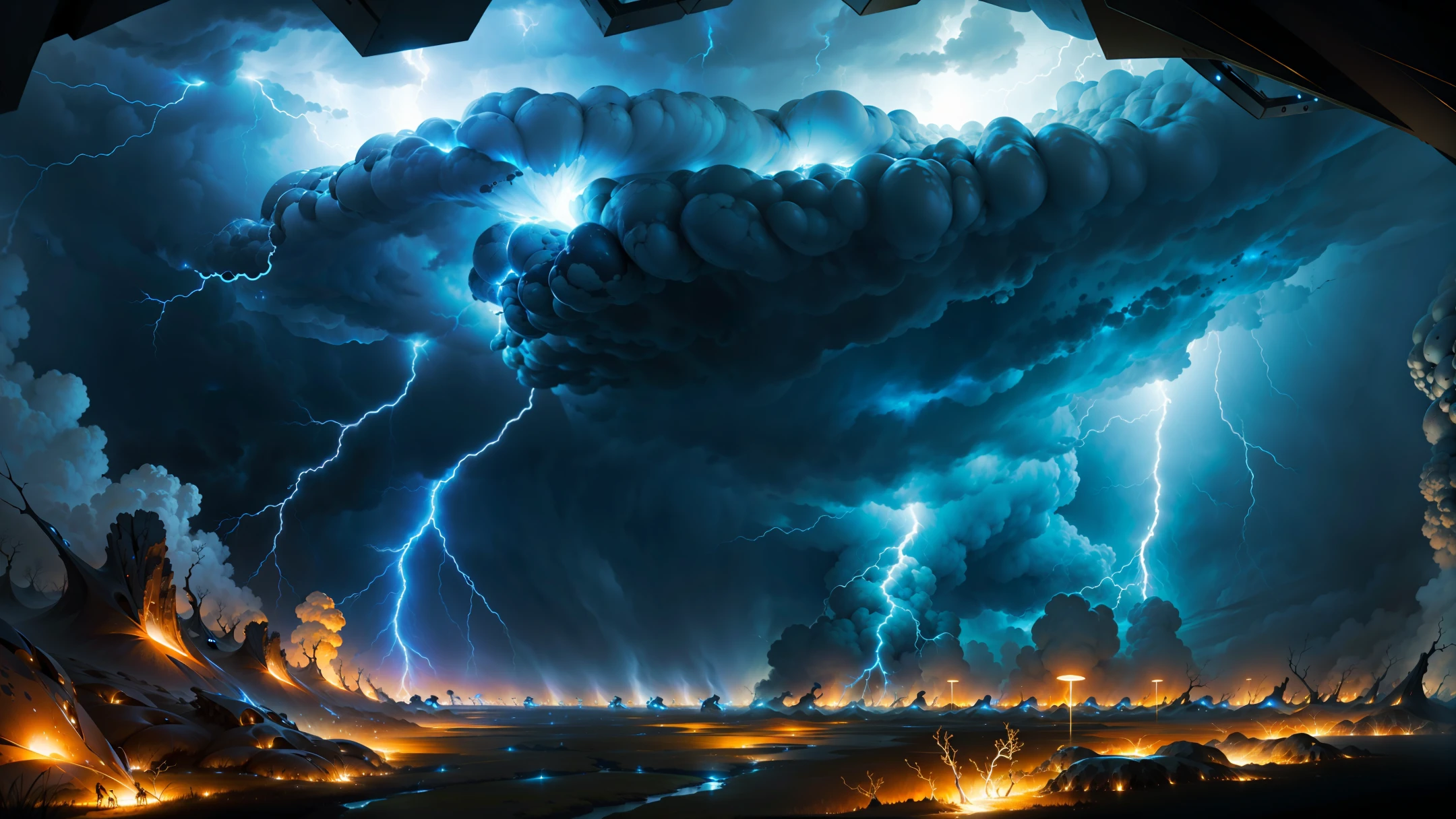 Colony of ants between lightning and thunder shining in the storm, realistic