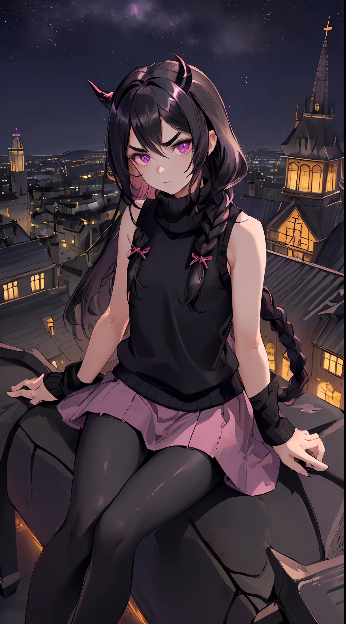 ((highest quality, masterpiece, 4k, finely detailed, gelbooru, pixiv)), finely detailed eyes and detailed face, warm lighting, ((solo)), (1girl, young adult, young woman), ((dark black hair, long hair, shaggy bangs, one braid)), ((demon horns)), ((deep purple eyes, very sharp eyes, dark mascara)), ((stern expression, slightly furrowed eyebrows, straight eyebrows, looking at viewer)), small chest, starry sky, detailed city background, ((pink skirt, black leggings)), ((cute fluffy, very puffy and tucked in sleeveless black sweater)), ((elegant pose, sitting on top of church roof, city at night in the background))