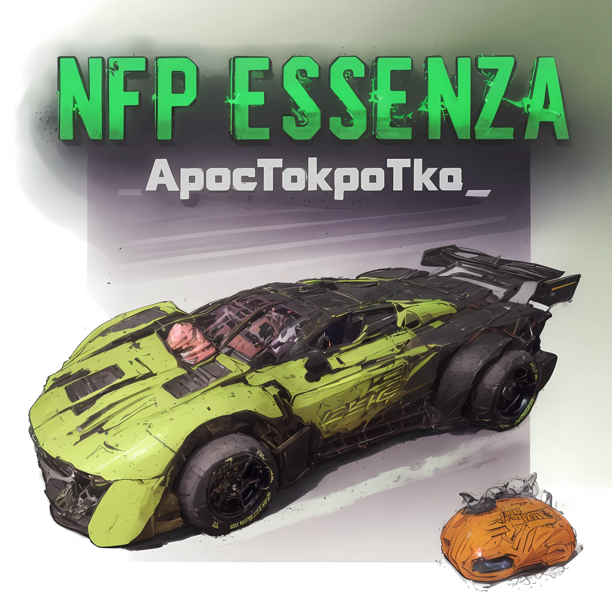 3/4 front view ((sports car)) (with glowing tires), neon glow, cyberpunk racing, lightning storm in the background, black and ((green)), in cyberpunk city, ((cool)), round wheels, wheels with neon lights, dynamic lighting from wheels, smooth car details