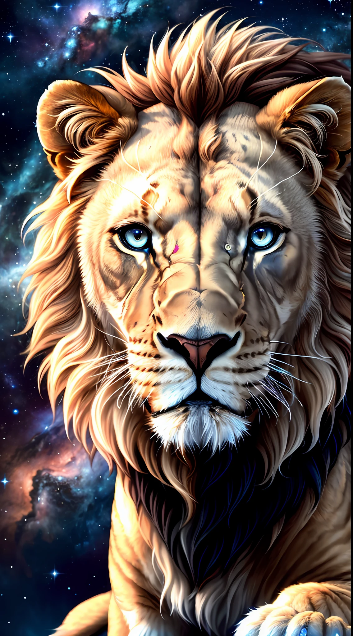 Lion with important expression, whole body, detailed blue nebula background, James Webb, magic, dramatic light, 8k, photorealistic, complex details, ultra realistic, photo taken from afar
