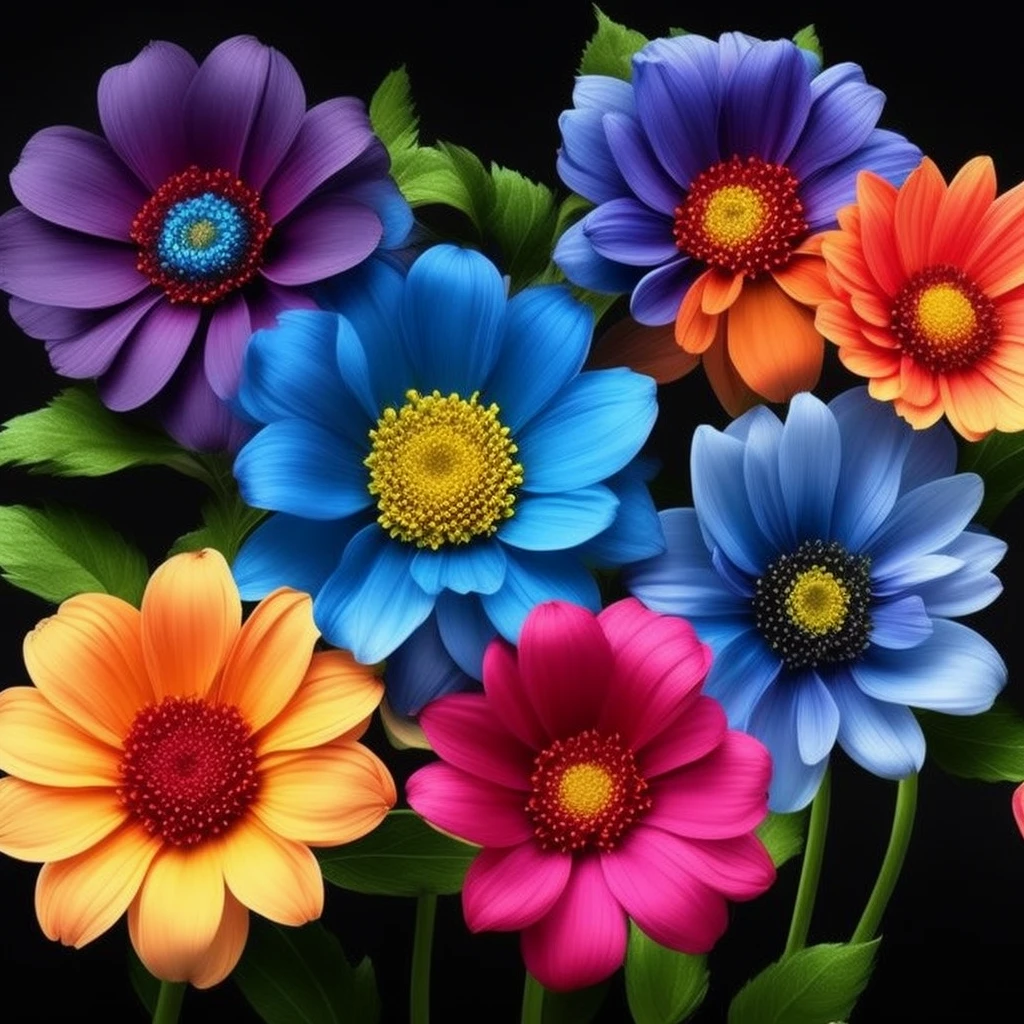 3 elementary multi flowers, Elemental flowers, vibrant colors, black background, reslista, 16k, cannon
