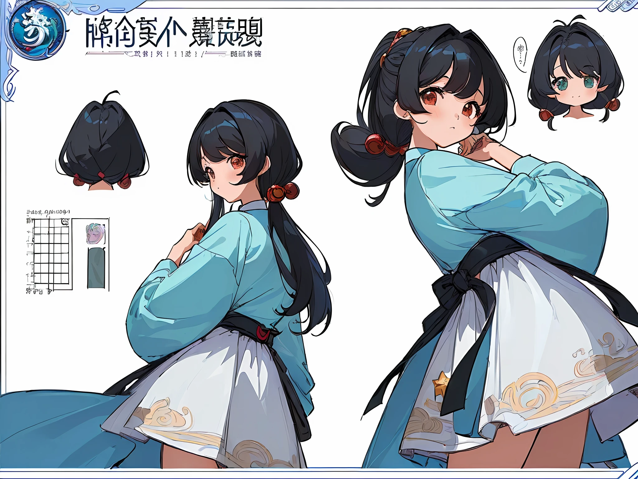 ((masterpiece)),(((best quality))),(character design sheet, same character, front, side, back), illustration, 1 girl, hair color, bangs, hairstyle fax, eyes, environment change scene, Hairstyle Fax, Pose Zitai, Female, Shirt Shangyi, Star, Charturnbetalora, (simple background, white background: 1.3), --6