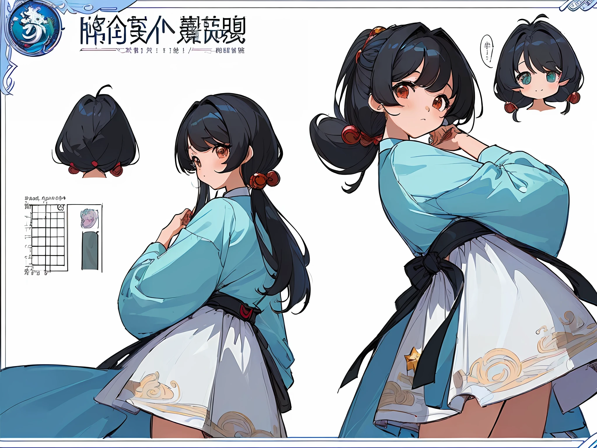 ((masterpiece)),(((best quality))),(character design sheet, same character, front, side, back), illustration, 1 girl, hair color, bangs, hairstyle fax, eyes, environment change scene, Hairstyle Fax, Pose Zitai, Female, Shirt Shangyi, Star, Charturnbetalora, (simple background, white background: 1.3), --6