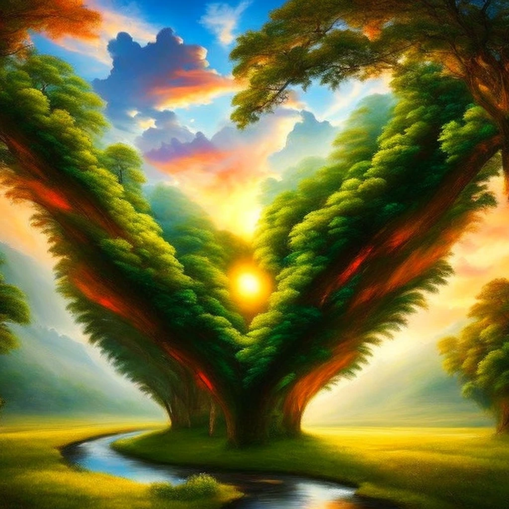 a painting of a sunset forest in the shape of a heart, Somewhere