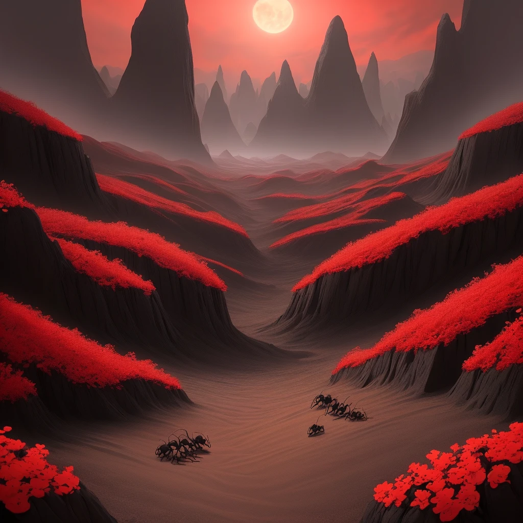 Habitat of ants skull and demon ant, beautiful landscape black, dark, bright, red