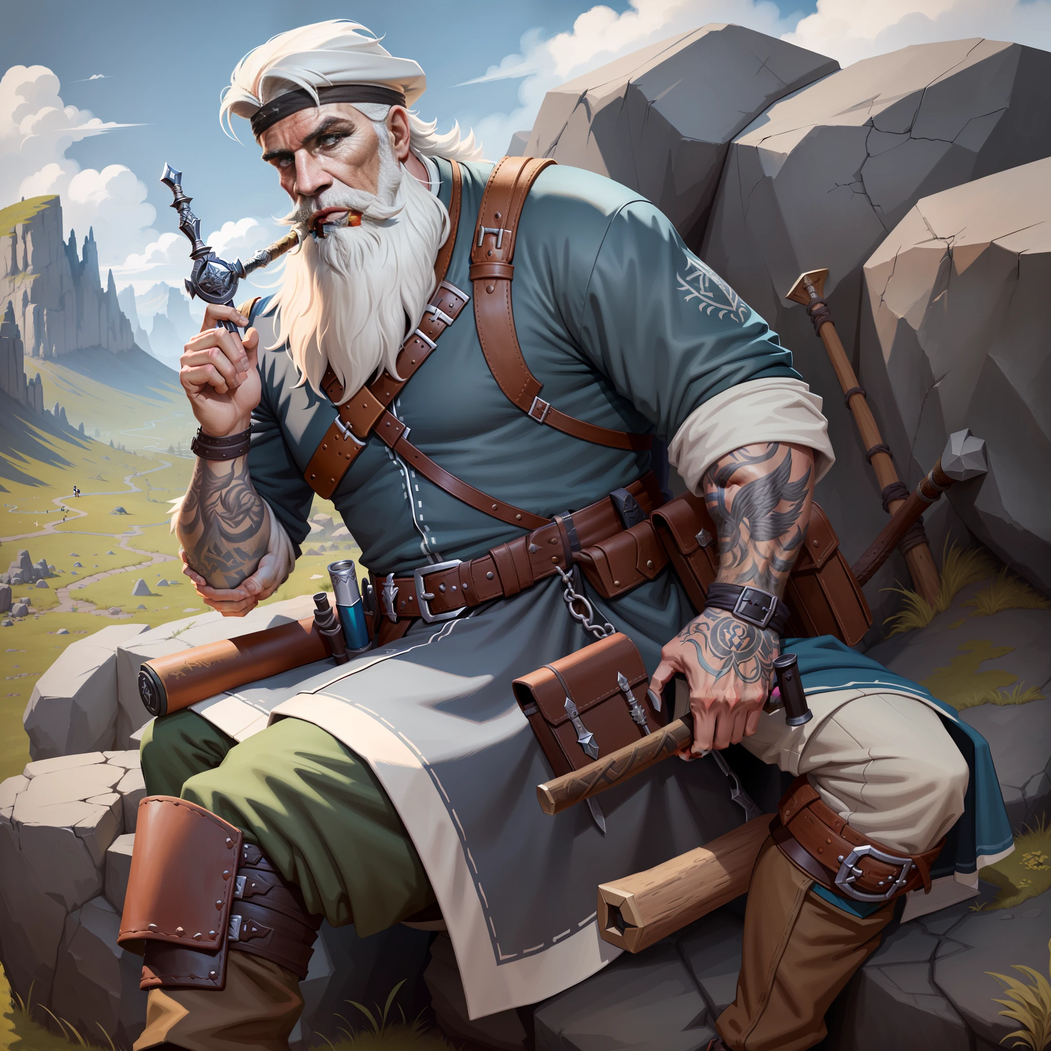 there is a man sitting on a rock with a pipe in his hand, inspired by Johannes Helgeson, rpg_portrait, painted portrait of rugged odin, rpg book portrait, portrait of an adventurer, epic rpg portrait, crisp clear rpg portrait, portrait of fin wildcloak, rpg character art, rpg portrait, by Johannes Helgeson, fullbody rpg portrait