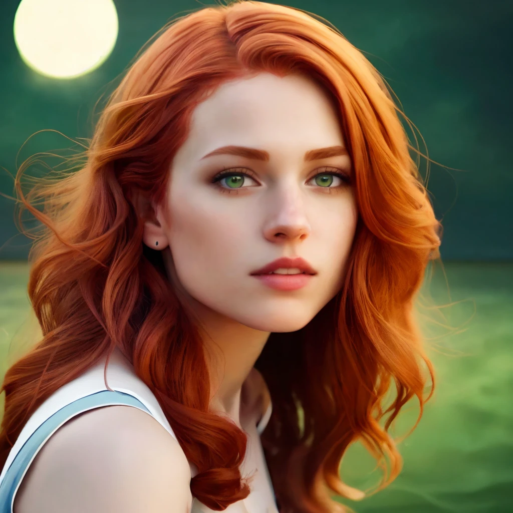 Full body in bikini, athletic, with feet in the sea water on the edge of the beach, night sky with full moon reflecting in the sea, super detailed, realistic, photography, woman with red hair, very beautiful, sensual, real turtle tattoo below the navel, green eyes