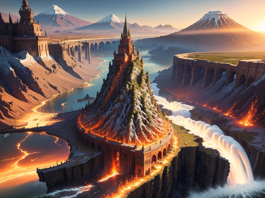 "(Masterpiece:1.2), extremely intricate details, FF14 style, dynamic painting, depicting a city on the slopes of a very busy volcano with a majestic bridge that crosses a hot larval river, surrounded by giant fiery waterfalls where imposing mystical towers arise. The vast landscape explodes with warm, vivid colors in the golden hour of photography."