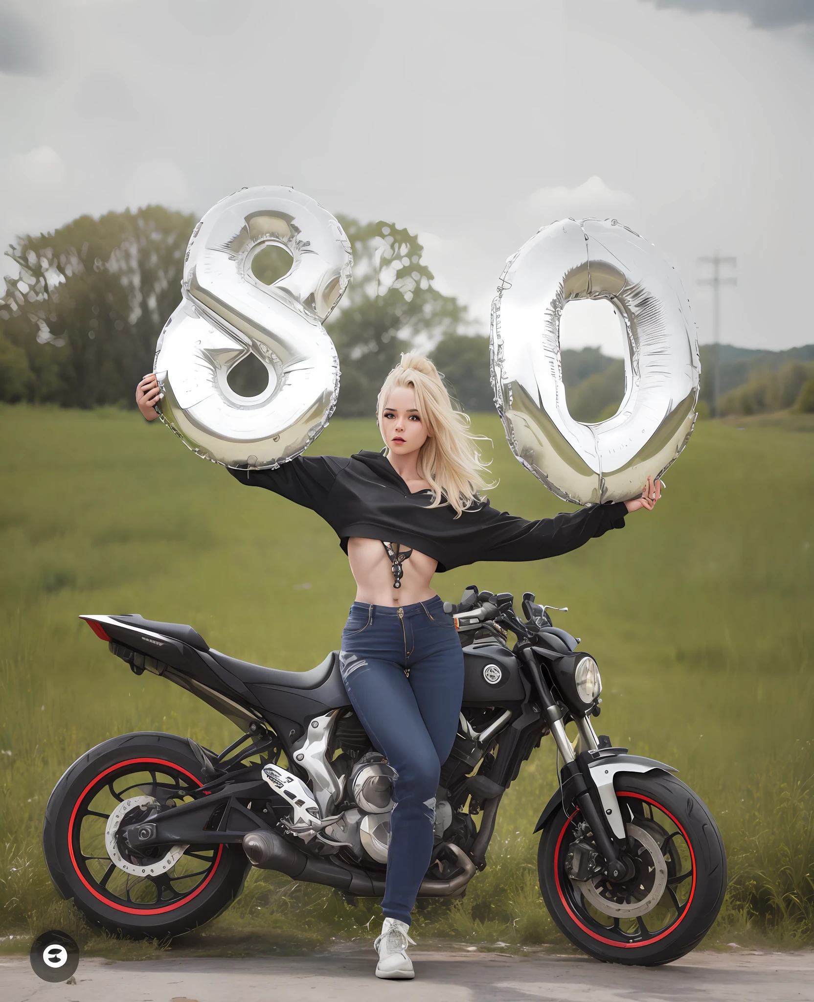 Create a half-naked puck girl riding a motorcycle on a sunny road, realistic image, 8k