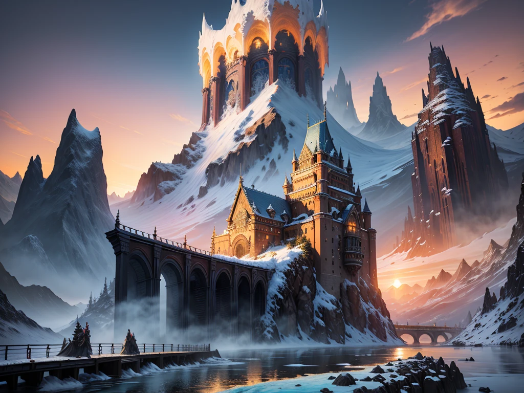 "(Masterpiece:1.2), extremely intricate details, FF14 style, dynamic painting, depicting a city on the slopes of a frozen mountain with a nearby village and a majestic bridge that crosses a frozen river, surrounded by giant ice waterfalls where imposing mystical towers arise. The vast landscape explodes with cool colors in the golden hour of photography."