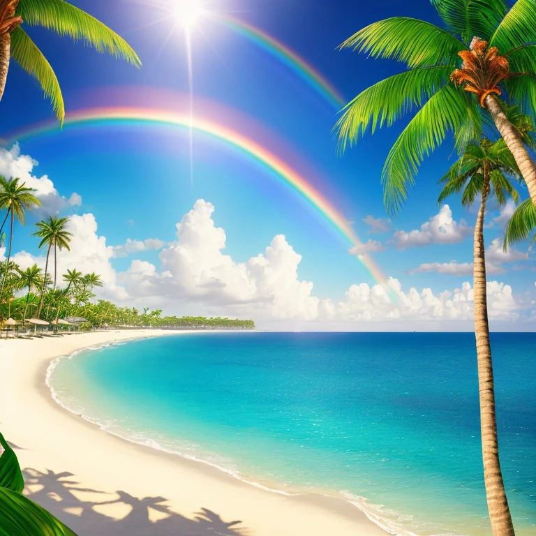a rainbow over the ocean with palm trees, a digital rendering by Ralph Burke Tyree, shutterstock, holography, vivid colors, creative commons attribution, sunrays shine upon it