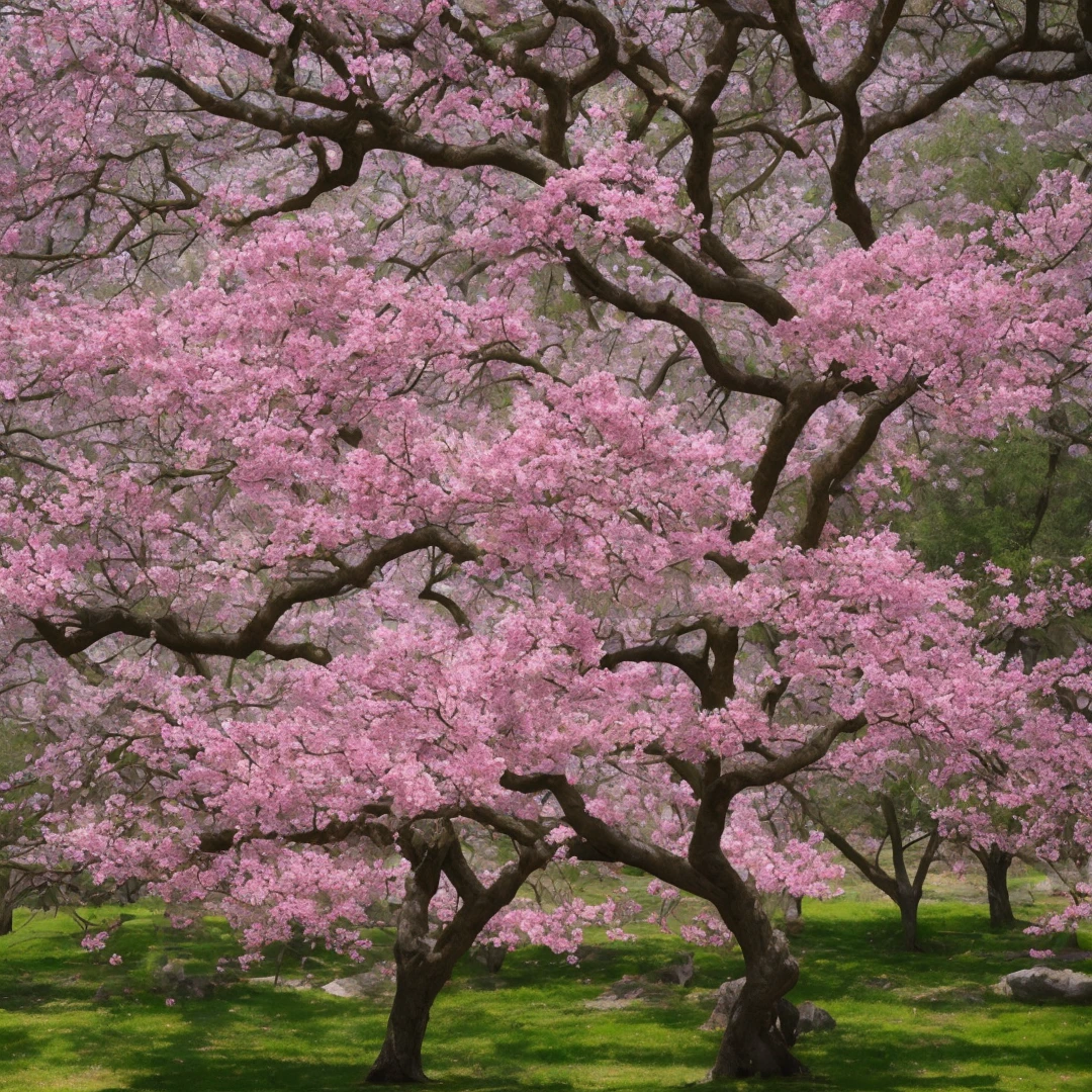 A sprawling sakura tree with pink flowers on the branches of a ghostly ball, thick grass grows under it, an open fan lies near the tree
